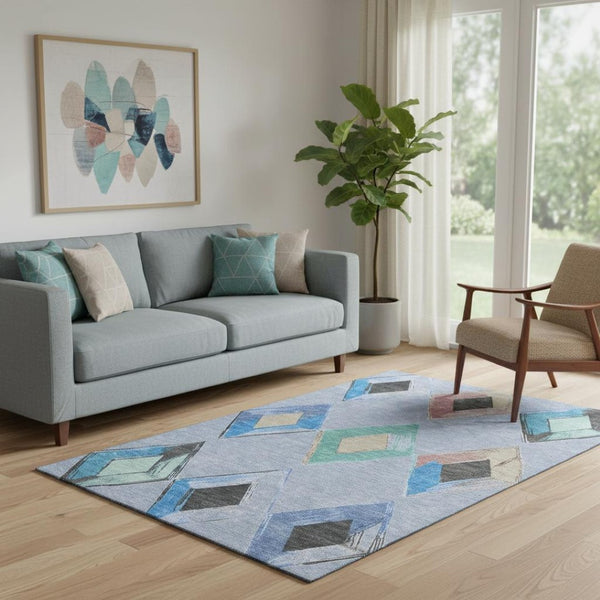 HomeRoots 8' Stylish Denim Blue Round Geometric Rug - Washable, UV-Protected, Perfect for High-Traffic Areas! 710684