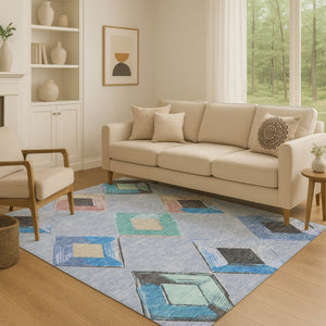 HomeRoots 8' Stylish Denim Blue Round Geometric Rug - Washable, UV-Protected, Perfect for High-Traffic Areas! 710684