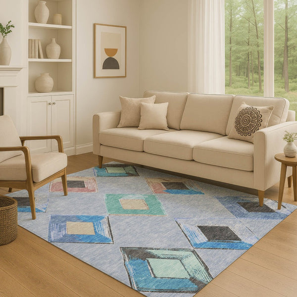 HomeRoots 8' Stylish Denim Blue Round Geometric Rug - Washable, UV-Protected, Perfect for High-Traffic Areas! 710684