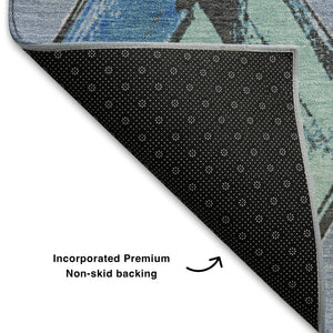 HomeRoots 8' Stylish Denim Blue Round Geometric Rug - Washable, UV-Protected, Perfect for High-Traffic Areas! 710684