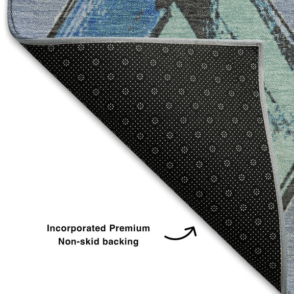 HomeRoots 8' Stylish Denim Blue Round Geometric Rug - Washable, UV-Protected, Perfect for High-Traffic Areas! 710684