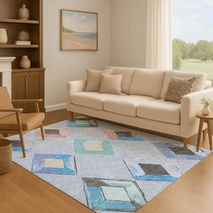 HomeRoots 8' Stylish Denim Blue Round Geometric Rug - Washable, UV-Protected, Perfect for High-Traffic Areas! 710684