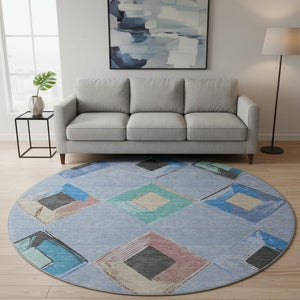 HomeRoots 8' X 10' Washable Geometric Area Rug in Denim Blue, Charcoal & Mauve – UV Protected, Pet-Friendly Design 710685
