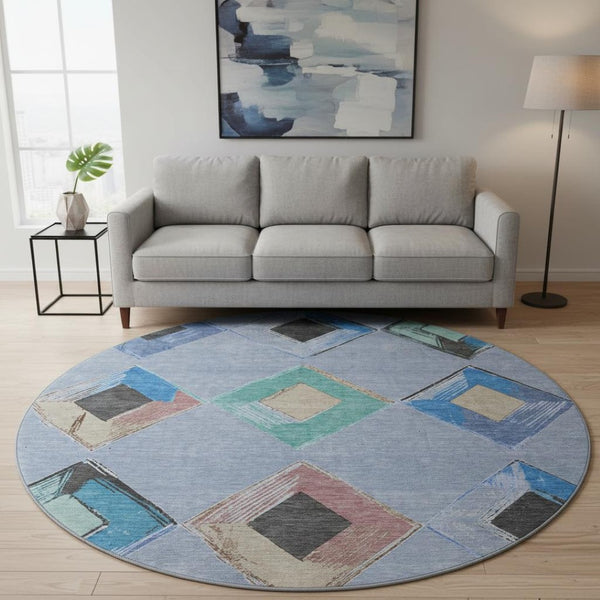 HomeRoots 8' X 10' Washable Geometric Area Rug in Denim Blue, Charcoal & Mauve – UV Protected, Pet-Friendly Design 710685