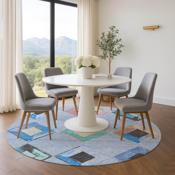 HomeRoots 8' X 10' Washable Geometric Area Rug in Denim Blue, Charcoal & Mauve – UV Protected, Pet-Friendly Design 710685