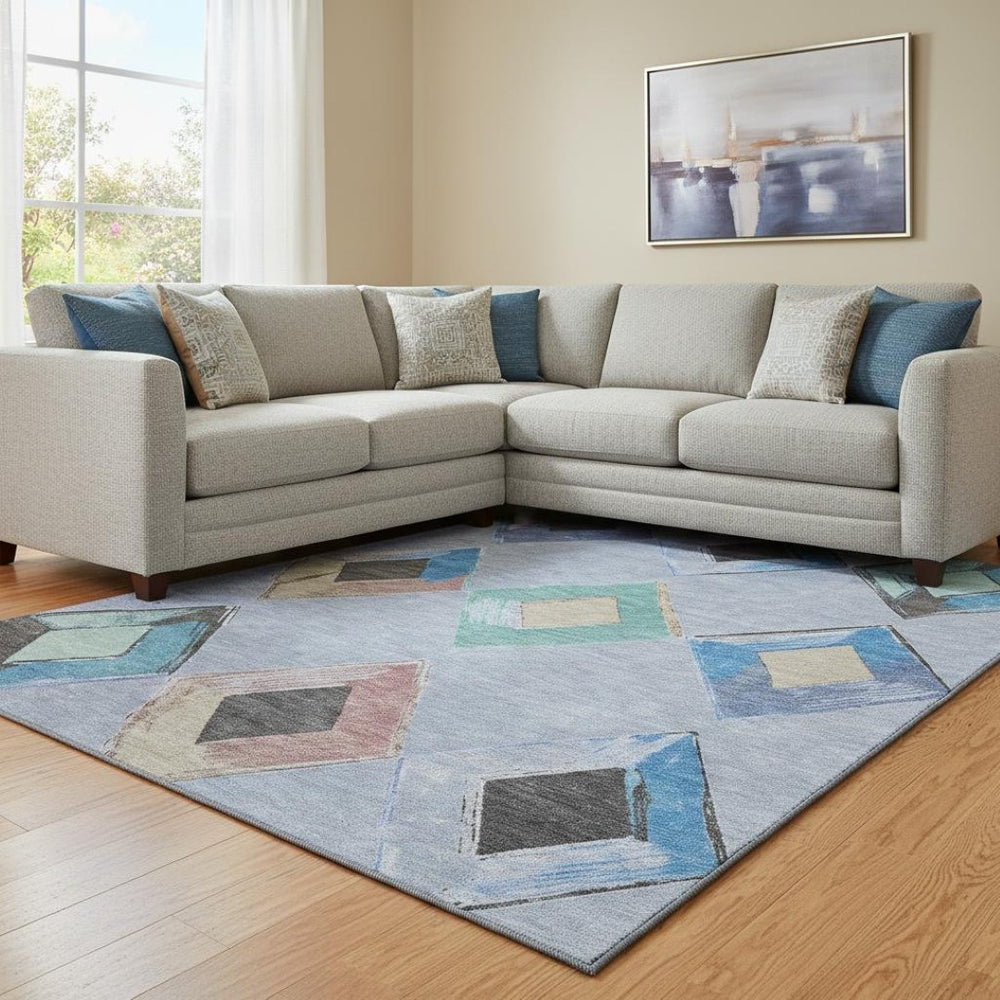 HomeRoots 9' X 12' Washable Denim Blue Geometric Area Rug - UV Protected, Stain-Resistant, Modern Design 710686