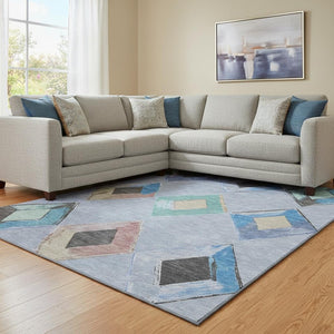 HomeRoots 9' X 12' Washable Denim Blue Geometric Area Rug - UV Protected, Stain-Resistant, Modern Design 710686