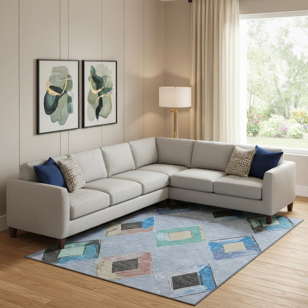 HomeRoots 10' Geometric Washable Area Rug in Denim Blue, Charcoal & Mauve - UV Protection & Non-Slip Backing 710687