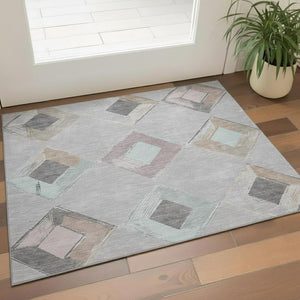 HomeRoots 5' Modern Geometric Washable Area Rug in Gray, Beige & Charcoal with UV Protection for High-Traffic Spaces 710689