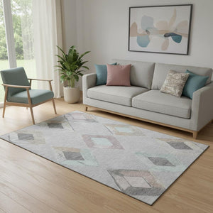 HomeRoots 8' Stylish Gray Beige Charcoal Geometric Washable Round Rug with UV Protection & Non-Slip Backing 710690