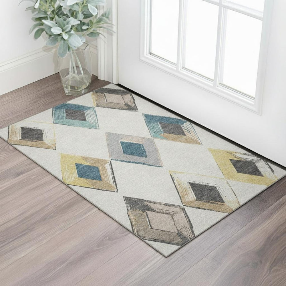 HomeRoots 5' X 8' Ivory Blue Gold Geometric Area Rug - Stylish, Washable, UV-Protected for Modern Homes! 710695