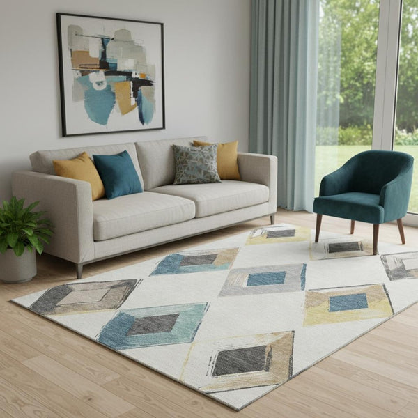 HomeRoots 8' Ivory Blue and Gold Geometric Round Rug - Washable, UV Protected, Stylish & Durable for Homes 710696