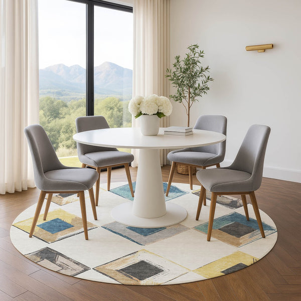 HomeRoots 8' X 10' Stylish Ivory, Blue & Gold Geometric Washable Area Rug with UV Protection for Modern Homes 710697