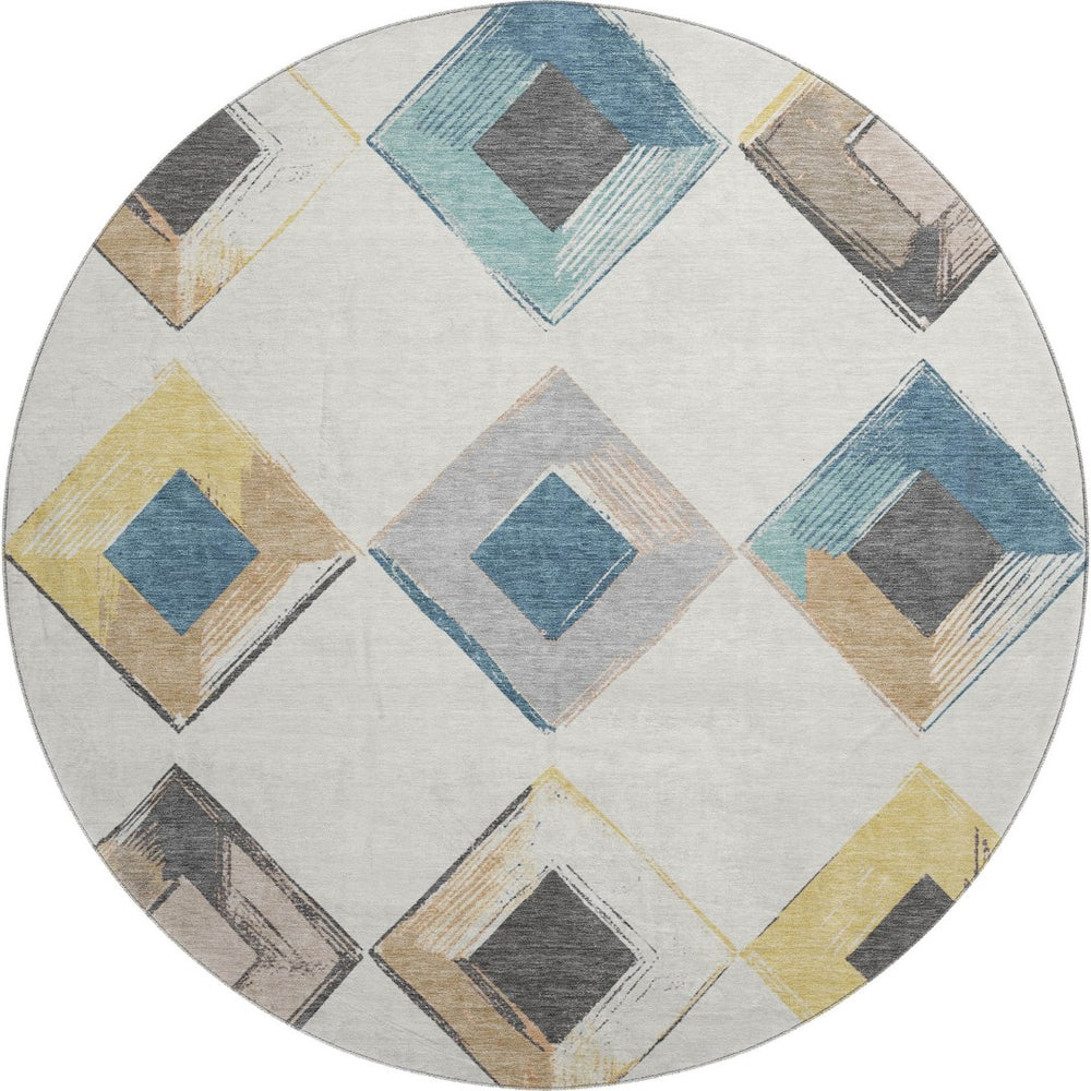 HomeRoots 8' X 10' Stylish Ivory, Blue & Gold Geometric Washable Area Rug with UV Protection for Modern Homes 710697