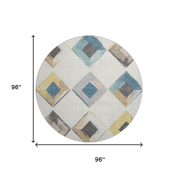 HomeRoots 8' X 10' Stylish Ivory, Blue & Gold Geometric Washable Area Rug with UV Protection for Modern Homes 710697