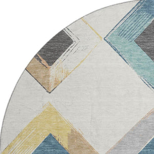 HomeRoots 8' X 10' Stylish Ivory, Blue & Gold Geometric Washable Area Rug with UV Protection for Modern Homes 710697