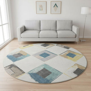 HomeRoots 8' X 10' Stylish Ivory, Blue & Gold Geometric Washable Area Rug with UV Protection for Modern Homes 710697