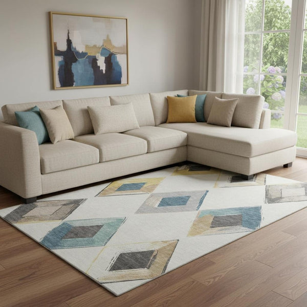 HomeRoots 9' X 12' Stylish Ivory Blue Gold Geometric Area Rug - Durable, Washable, UV Protected for Home Use 710698