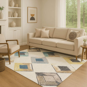 HomeRoots 9' X 12' Stylish Ivory Blue Gold Geometric Area Rug - Durable, Washable, UV Protected for Home Use 710698