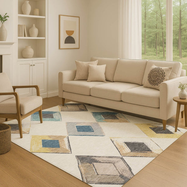 HomeRoots 9' X 12' Stylish Ivory Blue Gold Geometric Area Rug - Durable, Washable, UV Protected for Home Use 710698