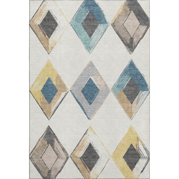 HomeRoots 9' X 12' Stylish Ivory Blue Gold Geometric Area Rug - Durable, Washable, UV Protected for Home Use 710698