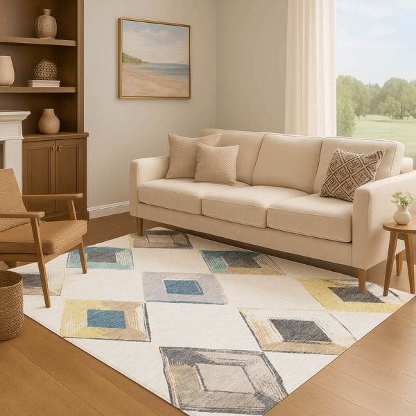 HomeRoots 9' X 12' Stylish Ivory Blue Gold Geometric Area Rug - Durable, Washable, UV Protected for Home Use 710698
