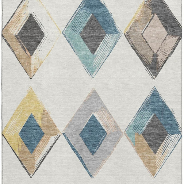 HomeRoots 9' X 12' Stylish Ivory Blue Gold Geometric Area Rug - Durable, Washable, UV Protected for Home Use 710698