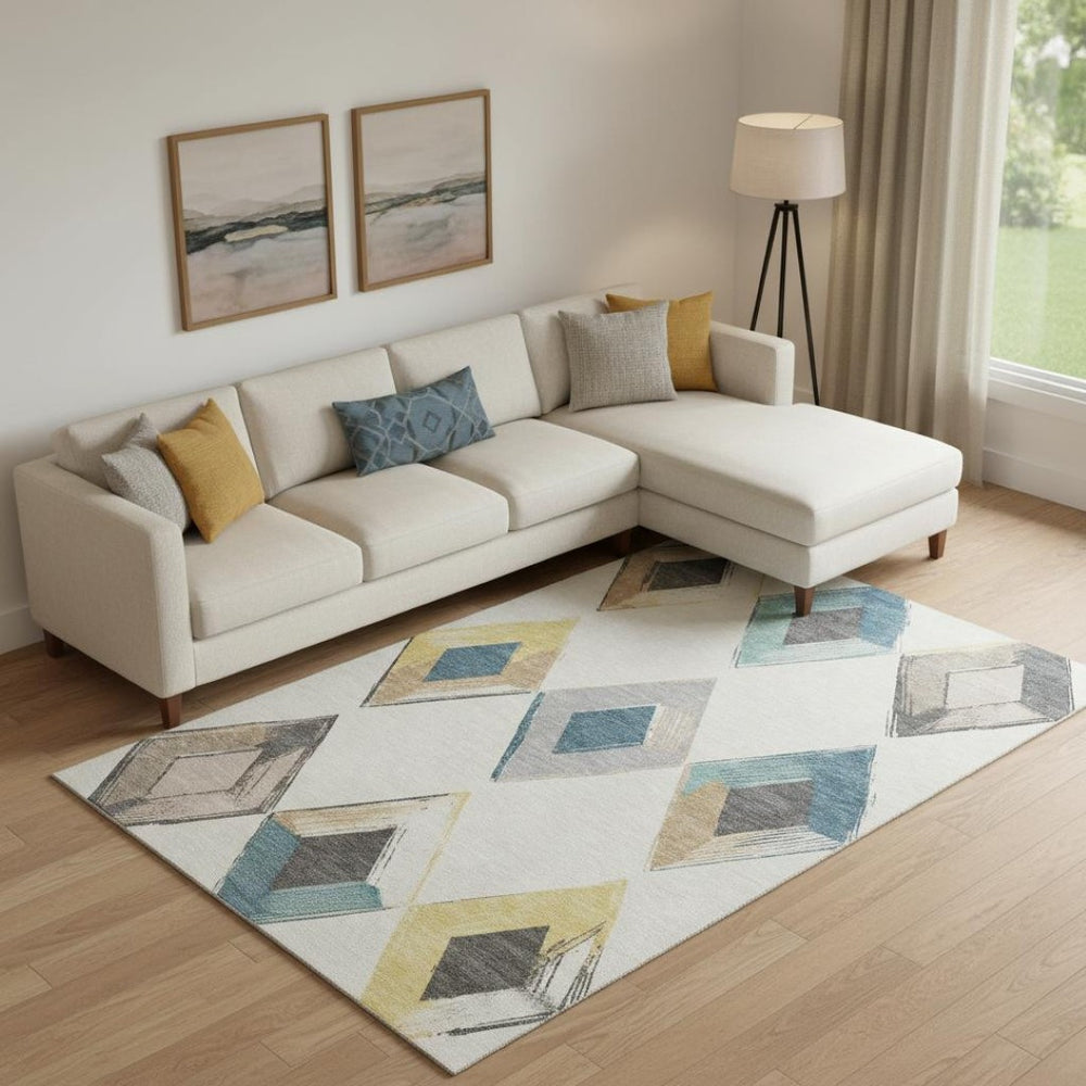 HomeRoots 10' X 14' Modern Ivory, Blue & Gold Geometric Area Rug - Washable, UV Protected & Stain Resistant 710699