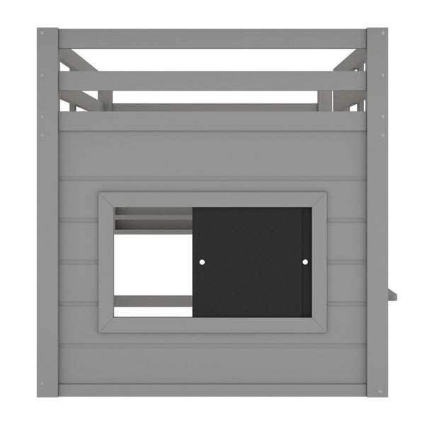 English Elm Twin Loft Bed House Frame with Sliding Chalkboard Built-in Bookshelf and Safety Rails Gray W1580S00320
