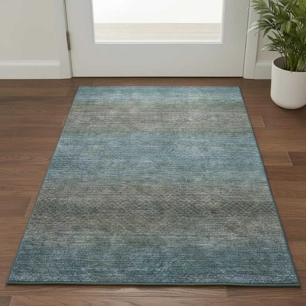 HomeRoots 5' X 8' Blue and Taupe Geometric Area Rug - Washable, UV Protected, Ideal for Homes with Kids & Pets 710701