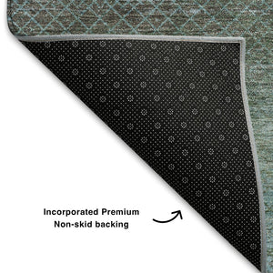 HomeRoots 8' Teal and Brown Geometric Washable Round Rug – Durable, UV Protected, Modern Design for Any Space 710720