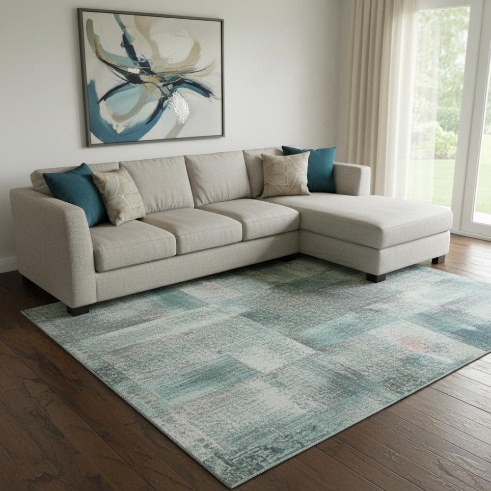 HomeRoots 9' X 12' Geometric Teal & Brown Area Rug - Washable, UV Protected, Durable for High-Traffic Spaces 710722