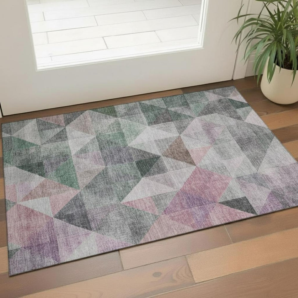 HomeRoots 5' X 8' Blush Green & Ivory Geometric Area Rug - Washable, UV Protected, Stain Resistant for Homes 710725