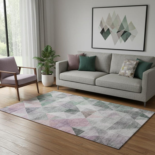 HomeRoots 8' Blush Green & Ivory Geometric Washable Round Rug – UV Resistant, Soft, Stylish & Durable Décor Piece 710726
