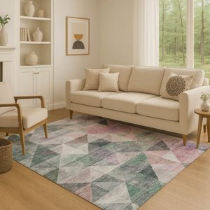 HomeRoots 8' Blush Green & Ivory Geometric Washable Round Rug – UV Resistant, Soft, Stylish & Durable Décor Piece 710726