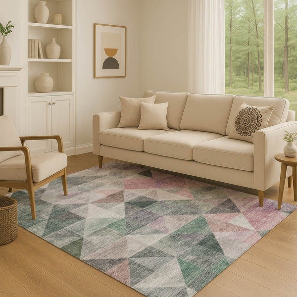 HomeRoots 8' Blush Green & Ivory Geometric Washable Round Rug – UV Resistant, Soft, Stylish & Durable Décor Piece 710726