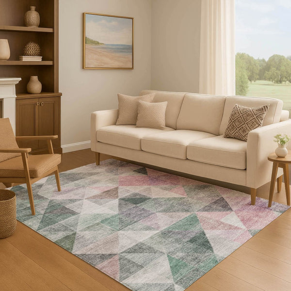 HomeRoots 8' Blush Green & Ivory Geometric Washable Round Rug – UV Resistant, Soft, Stylish & Durable Décor Piece 710726