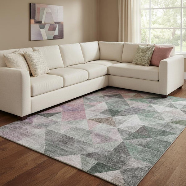 HomeRoots 9' X 12' Blush Green Geometric Area Rug - Washable, Stain-Resistant, UV-Protected for Modern Spaces 710728