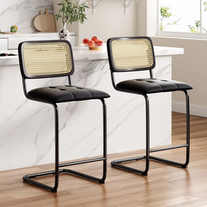 English Elm Counter Height Bar Stools Set Of 2 - Stylish Pu Leather & Rattan Back For Modern Kitchen Decor T3623P360901