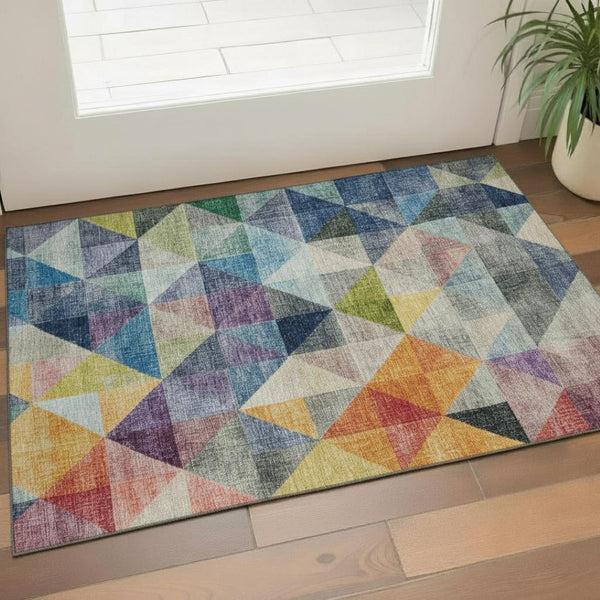 HomeRoots 5' X 8' Stylish Beige Blue and Orange Geometric Washable Area Rug with UV Protection for All Spaces 710731