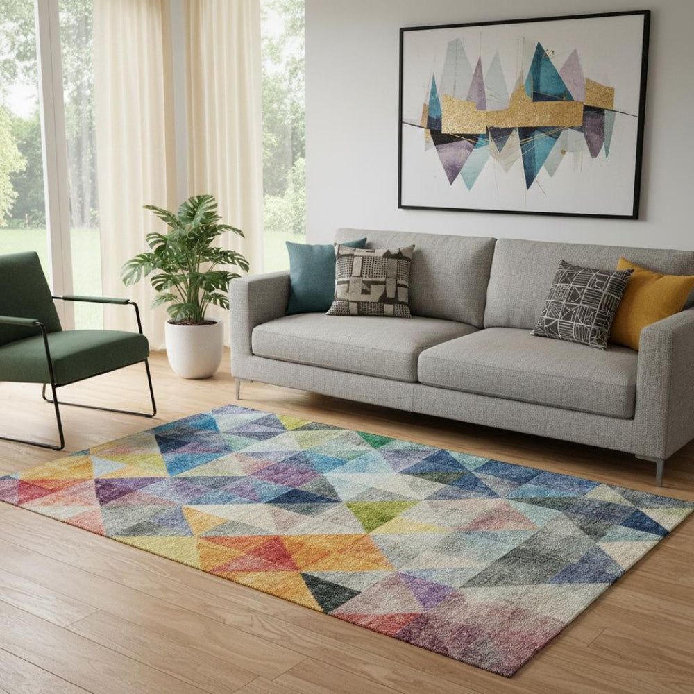 HomeRoots 8' Beige, Blue & Orange Geometric Washable Round Rug - Durable, Stain Resistant & UV Protected! 710732