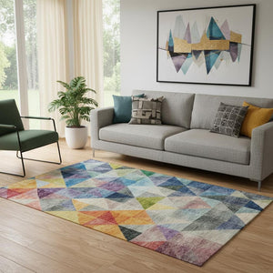 HomeRoots 8' Beige, Blue & Orange Geometric Washable Round Rug - Durable, Stain Resistant & UV Protected! 710732
