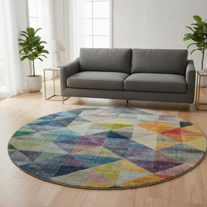 HomeRoots 8' X 10' Modern Beige Blue Orange Geometric Area Rug - Washable, UV Protected, Non-Slip Backing! 710733