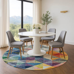 HomeRoots 8' X 10' Modern Beige Blue Orange Geometric Area Rug - Washable, UV Protected, Non-Slip Backing! 710733