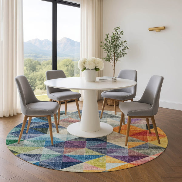 HomeRoots 8' X 10' Modern Beige Blue Orange Geometric Area Rug - Washable, UV Protected, Non-Slip Backing! 710733