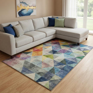 HomeRoots 9' X 12' Beige Blue Orange Geometric Area Rug - Washable, UV Protected, Durable for High-Traffic Homes 710734