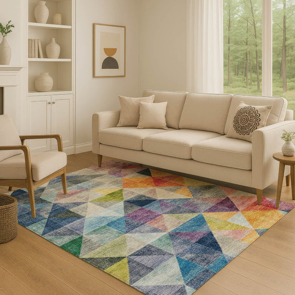 HomeRoots 9' X 12' Beige Blue Orange Geometric Area Rug - Washable, UV Protected, Durable for High-Traffic Homes 710734