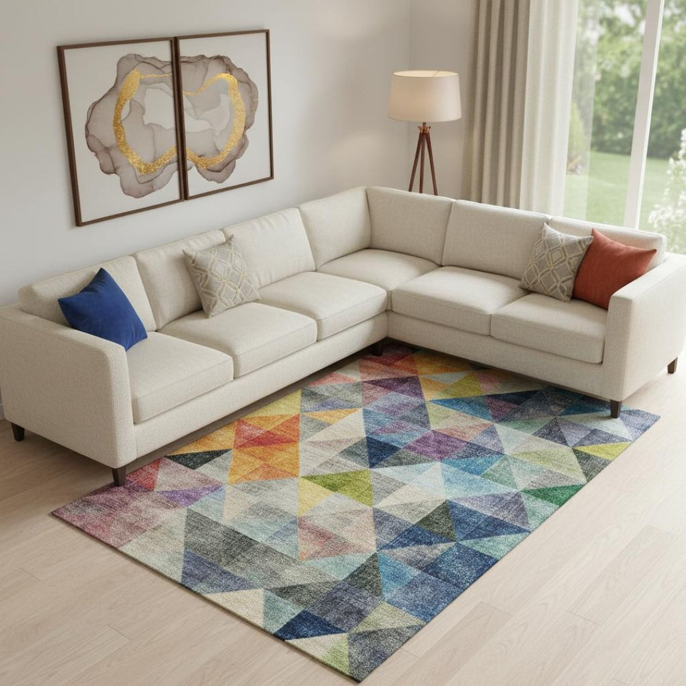 HomeRoots 10' X 14' Stylish Beige Geometric Area Rug with Blue & Orange Accents – Washable & UV Protected! 710735