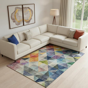 HomeRoots 10' X 14' Stylish Beige Geometric Area Rug with Blue & Orange Accents – Washable & UV Protected! 710735