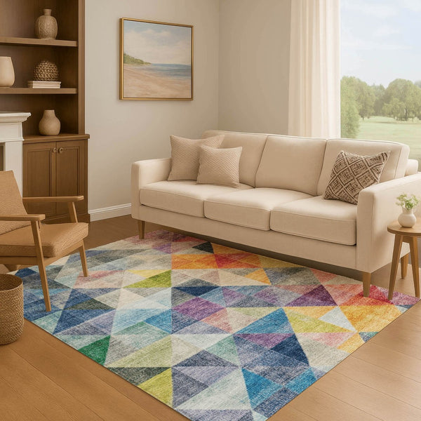 HomeRoots 10' X 14' Stylish Beige Geometric Area Rug with Blue & Orange Accents – Washable & UV Protected! 710735